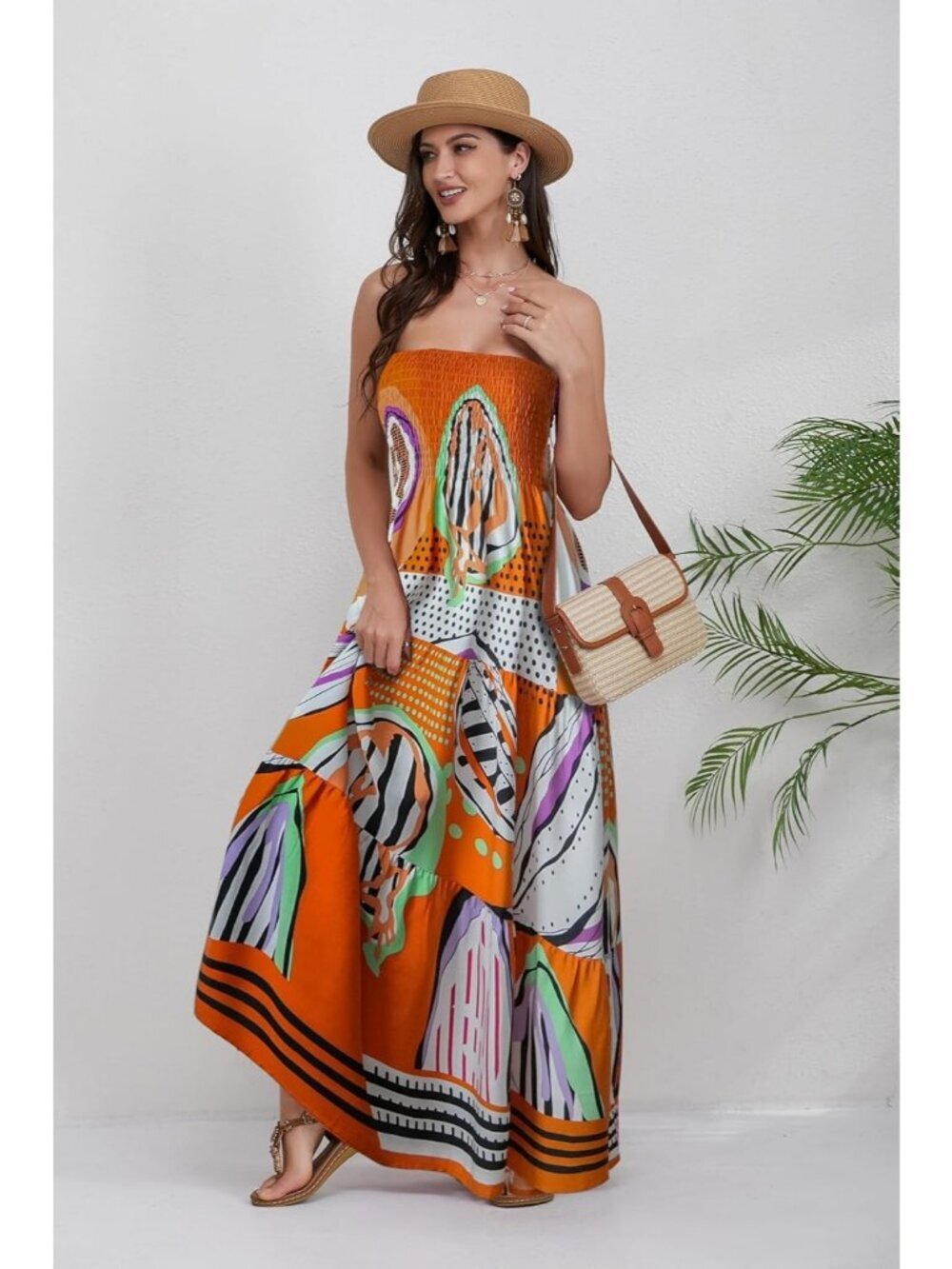 Women's Orange Dot Strapless A Line Tube Top Backless Casual Sun Maxi Dress - Picture 2 of 6
